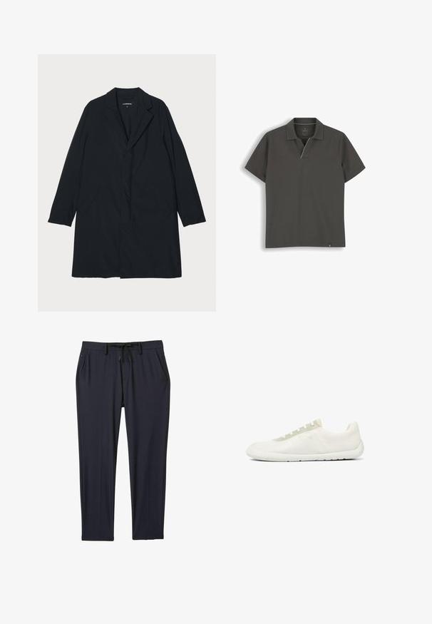 Sort lang frakke med klapkrave, lavet af letvægtsmateriale, med sidelommer og en lige silhuet. Glat tekstur, minimalistisk design.; Mørkegrå kortærmet polo-shirt med krave og uden knapper, vist på hvid baggrund.; Marineblå sportsbukser lavet af strækbart stof, med elastisk talje og snøre, to sidelommer og lige ben.; Minimalistisk hvid lavtop-sneaker med tekstureret mesh-stof, hvid sål og lysebeige snørehuller.