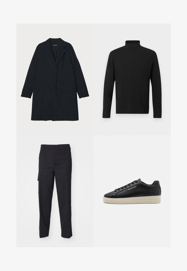 Sort lang frakke med klapkrave, lavet af letvægtsmateriale, med sidelommer og en lige silhuet. Glat tekstur, minimalistisk design.; Sort turtleneck skjorte lavet af glat stof. Har lange ærmer og en høj krave. Enkel design uden yderligere mønstre eller accenter.; Sorte bukser lavet af et glat, vævet stof. Har en lige pasform, slim fit, bæltestropper og en sidelomme.; Sorte lædersneakers med en glat finish, kontrasterende cremefarvet sål, rund tå, guld logo på siden og seks huller til snørebånd.