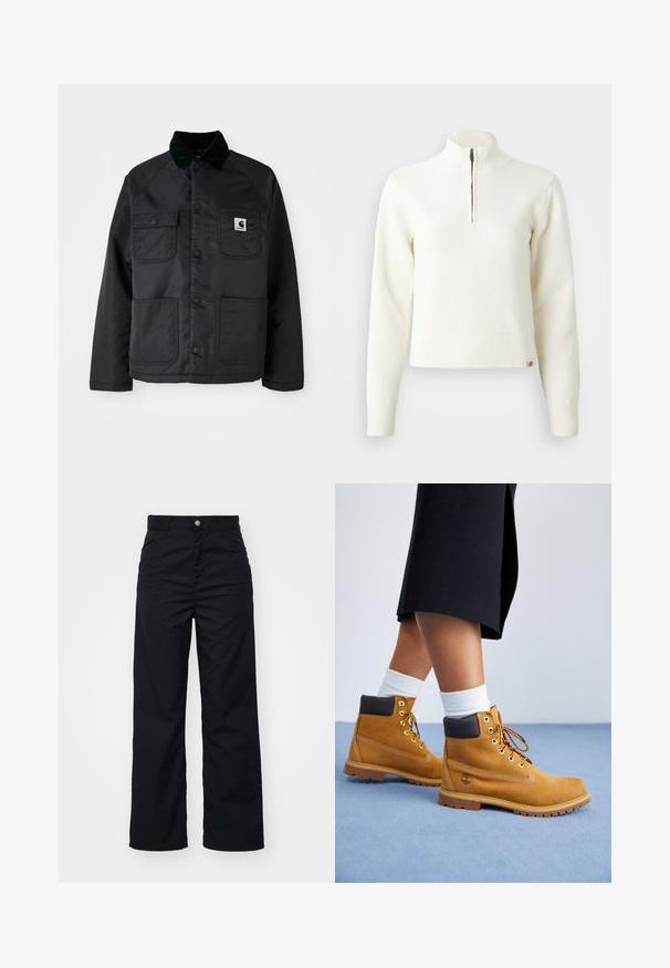 Veste noire matelassée avec un col en velours côtelé, dotée de deux poches avant, de pressions et d'un écusson blanc sur la poitrine gauche.; Pull-over blanc à col zippé et manches longues. Fabriqué en matériau tricoté doux, avec des poignets et un ourlet côtelés. Logo de la marque subtil à l'ourlet.; Pantalons larges noirs en tissu durable, dotés d'une fermeture à bouton à l'avant, de deux poches latérales et d'une texture lisse.; Bottines en suede beige avec des accents en cuir marron, des œillets dorés et une semelle texturée. Chaussettes blanches visibles au-dessus des bottines.