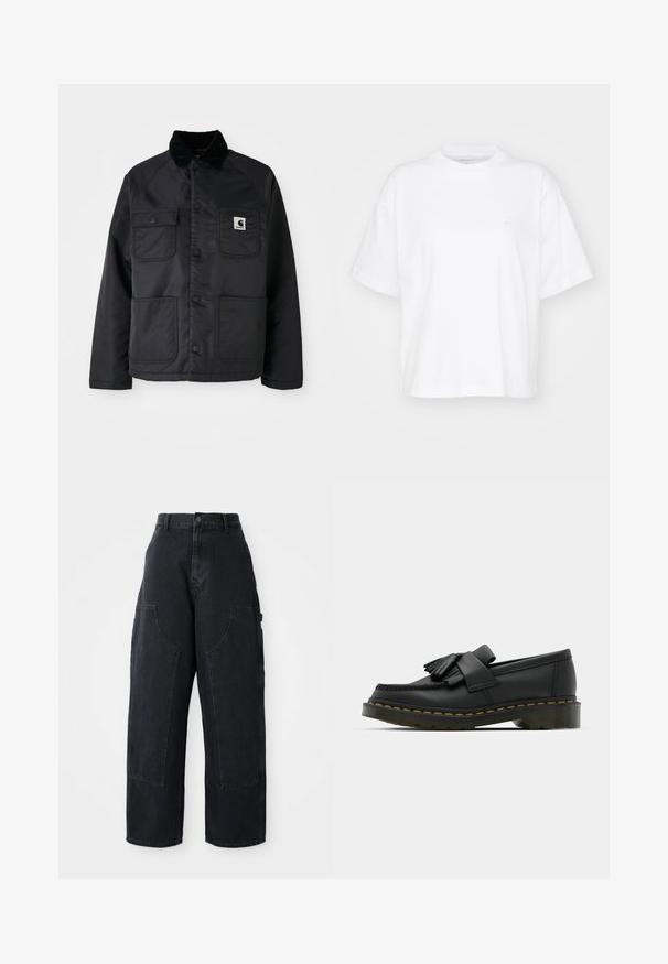 Veste noire matelassée avec un col en velours côtelé, dotée de deux poches avant, de pressions et d'un écusson blanc sur la poitrine gauche.; T-shirt en coton blanc avec un col rond, des manches courtes et une coupe décontractée. Présente un logo discret sur la zone gauche de la poitrine. Texture lisse.; Pantalons cargo larges en denim noir à taille haute, avec deux grandes poches avant et une fermeture à bouton à la taille. Texture lisse, design décontracté.; Mocassins en cuir noir avec un bout rond, présentant un détail à franges et une bande décorative à l'avant, montés sur un talon épais.