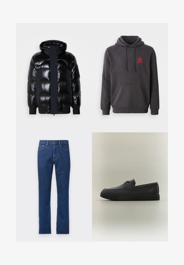 Schwarze Pufferjacke mit glänzender Oberfläche, Kapuze, Reißverschluss und gerippten Bündchen. Verfügt über zwei seitliche Taschen und einen Logopatch am Ärmel.; Dunkelgrauer Kapuzenpullover aus Baumwollmischgewebe mit einer Kängurutasche, verstellbarem Zugkordelkapuze und kleinem rotem Logo auf der Brust.; Dunkelblaue Jeans aus Denim mit gerade geschnittenem Bein, vorderen Taschen und Ziernähten. Standardbund mit Knopfverschluss. Keine Verzierungen.; Schwarzer lässiger Lederloafer mit Schnürdetails und dicker Gummisohle, seitlich auf neutralem Hintergrund dargestellt.