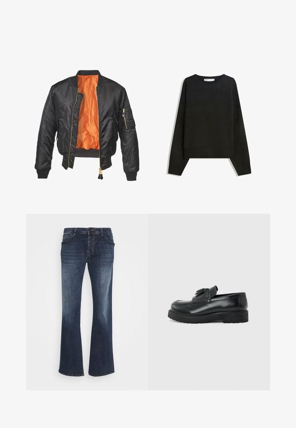 Veste bomber noire avec un extérieur brillant, doublure orange, poignets côtelés et une poche zippée sur la manche gauche. Accents de fermeture éclair dorés.; Pull en maille noir avec un col rond, des poignets et un ourlet côtelés. La coupe est ample avec des épaules tombantes pour un fit décontracté.; Jean en denim bleu foncé à coupe évasée avec un design à cinq poches, des coutures visibles et une fermeture éclair. Des décolorations le long des cuisses et des hanches sont présentes.; Mocassin en cuir noir avec pampilles, semelle épaisse en caoutchouc et talon bas, présenté de profil sur un fond uni.