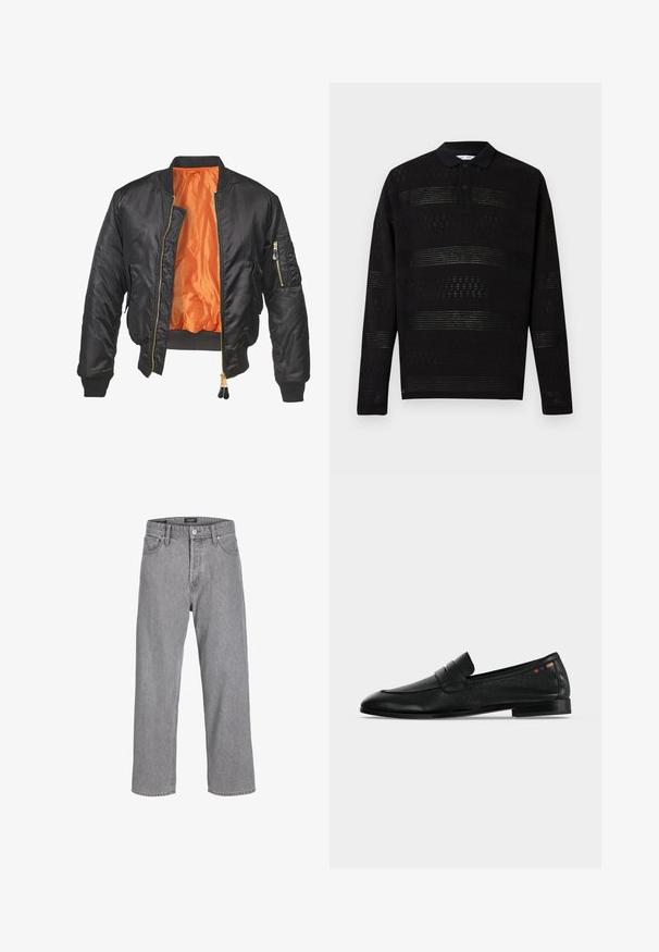 Chaqueta bomber negra con un exterior brillante, forro naranja, puños de canalé y un bolsillo con cremallera en la manga izquierda. Acentos de cremallera dorada.; Polo negro de manga larga con rayas horizontales semitransparentes texturizadas y tapeta con dos botones sobre un fondo blanco.; Pantalones de mezclilla gris con un ajuste relajado y holgado. Cuenta con un diseño tradicional de cinco bolsillos y un cierre de botón en la cintura.; Mocasín penny de cuero negro con tacón bajo, superficie texturizada y pequeña costura cuadrada multicolor cerca del talón sobre un fondo blanco.