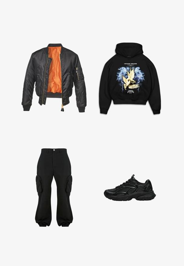 Zwarte bomberjack met een glanzende buitenkant, oranje voering, geribde manchetten en een ritszak op de linker mouw. Gouden ritsaccenten.; Zwarte hoodie met een grafische print van duiven tegen een stormachtige blauwe achtergrond met bliksem. Tekst leest "VINTAGE DREAMS."; Zwarte cargobroek met een relaxte pasvorm, voorzien van twee zijvakjes, elastische boorden bij de enkels en een knoopsluiting in de taille.; Zwarte sportschoen met mesh en synthetische bovenkant, dikke gewatteerde zool en vetersluiting, zijaanzicht op een witte achtergrond.