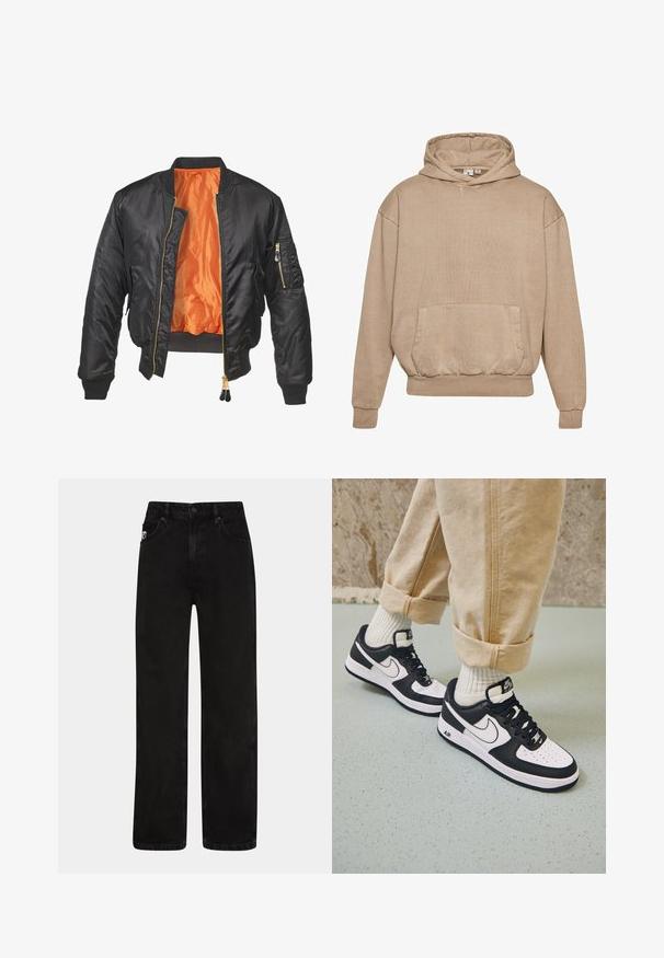 Veste bomber noire avec un extérieur brillant, doublure orange, poignets côtelés et une poche zippée sur la manche gauche. Accents de fermeture éclair dorés.; Sweat à capuche beige en tissu texturé avec une poche à l'avant, des poignets et un ourlet côtelés. Dispose d'une capuche avec cordon de serrage et d'une coupe décontractée.; Jean en denim noir avec une coupe droite, doté de poches avant, d'une fermeture à bouton et d'une discrète étiquette logo sur la taille.; Baskets Nike Air Force 1 en noir et blanc avec un dessus en cuir, orteil perforé et détail de semelle texturée, portées avec un pantalon beige retroussé et des chaussettes blanches.
