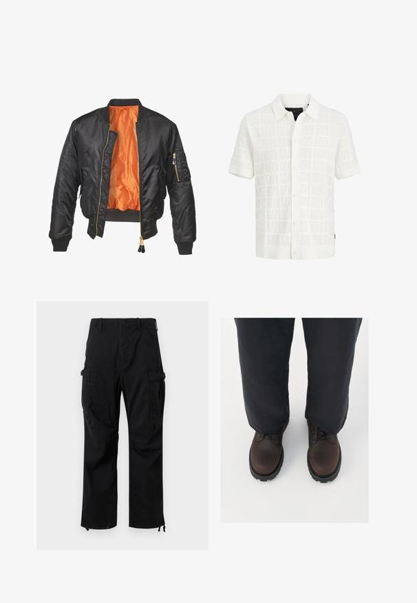Veste bomber noire avec un extérieur brillant, doublure orange, poignets côtelés et une poche zippée sur la manche gauche. Accents de fermeture éclair dorés.; Chemise blanche à manches courtes, boutonnée, avec col et motif carré texturé sur fond uni.; Pantalon cargo noir avec poches avant et latérales, fermeture à bouton, passants pour ceinture et liens réglables aux chevilles, présenté à plat sur un fond blanc.; Chaussures en cuir brun à lacets avec une pointe arrondie, semelle en caoutchouc noir et détails texturés, associées à un pantalon ample de couleur foncée.