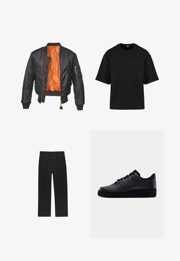 Zwarte bomberjack met een glanzende buitenkant, oranje voering, geribde manchetten en een ritszak op de linker mouw. Gouden ritsaccenten.; Urban Classics SCUBA TEE - T-shirt basic - black; Zwarte broeken met een recht model, gemaakt van een gladde stof. Voorzien van een voorplooien en een enkele knoopsluiting bij de taille.; Zwarte Nike Air Force 1 sneaker met een gladde leren bovenkant, geperforeerde neus voor ademend vermogen, zwarte veters en een getextureerde rubberen zool.