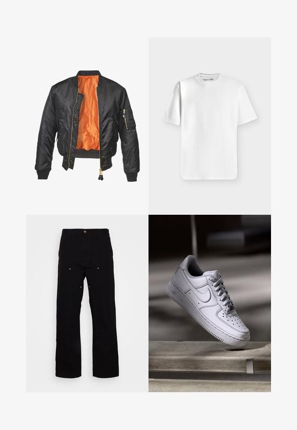 Zwarte bomberjack met een glanzende buitenkant, oranje voering, geribde manchetten en een ritszak op de linker mouw. Gouden ritsaccenten.; Effen wit T-shirt met korte mouwen en een ronde hals, plat liggend op een lichtgrijze achtergrond met een klein merkje aan de binnenkant van de halslijn.; Zwarte denim broek met een recht-pijp ontwerp, voorzien van gouden hardware accenten en zichtbare stiksels op de voor- en achterzakken.; Witte Nike Air Force 1 sneaker van leer met geperforeerde neus, platte veters en een gestructureerde rubberen zool met "AIR"-logo aan de zijkant.