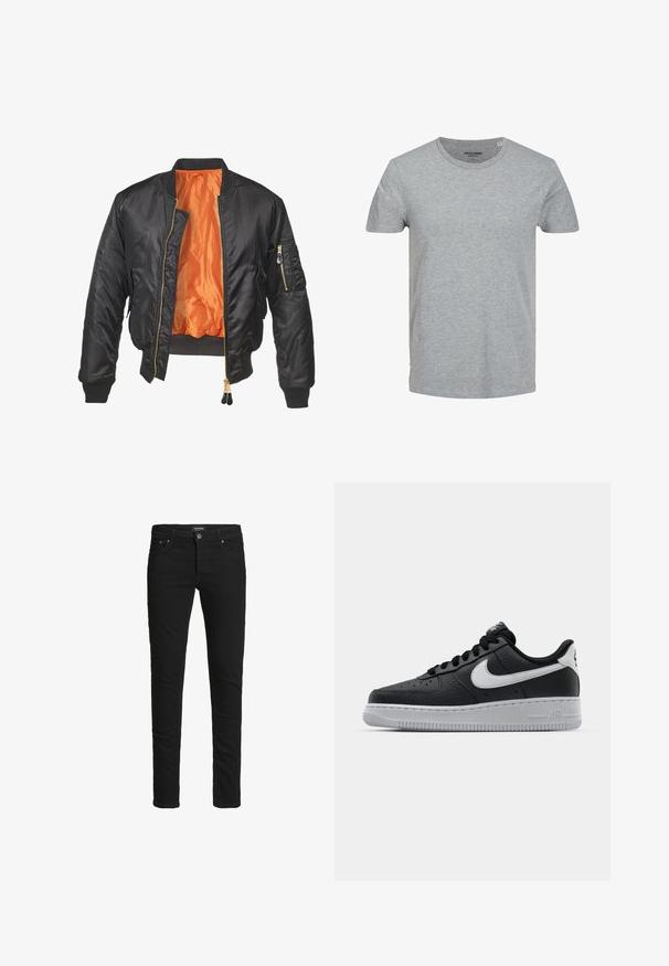 Veste bomber noire avec un extérieur brillant, doublure orange, poignets côtelés et une poche zippée sur la manche gauche. Accents de fermeture éclair dorés.; T-shirt gris à manches courtes en coton doux. Doté d'un col ras du cou classique et d'une coupe régulière. Design simple sans motifs ni accents.; Jeans noirs slim-fit avec cinq poches, fermeture à bouton et passants de ceinture, étiquetés Jack & Jones.; Baskets en cuir noir avec surface texturée, swoosh Nike blanc, semelle grise, bout rond et design à lacets. Comprend des perforations sur la boîte à orteils.