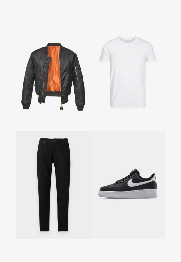 Zwarte bomberjack met een glanzende buitenkant, oranje voering, geribde manchetten en een ritszak op de linker mouw. Gouden ritsaccenten.; Ronde hals kortemouwen t-shirt in effen wit, gemaakt van zachte katoen, heeft een eenvoudig ontwerp zonder zichtbare patronen of accenten.; Zwarte slim-fit jeans met voorste knoop- en ritssluiting, ceintuurlussen en twee voorzakken zichtbaar op een witte achtergrond.; Zwarte lederen sneaker met een textuur oppervlak, witte Nike swoosh, grijze zool, ronde neus en vetersluiting. Bevat perforaties op de neus.