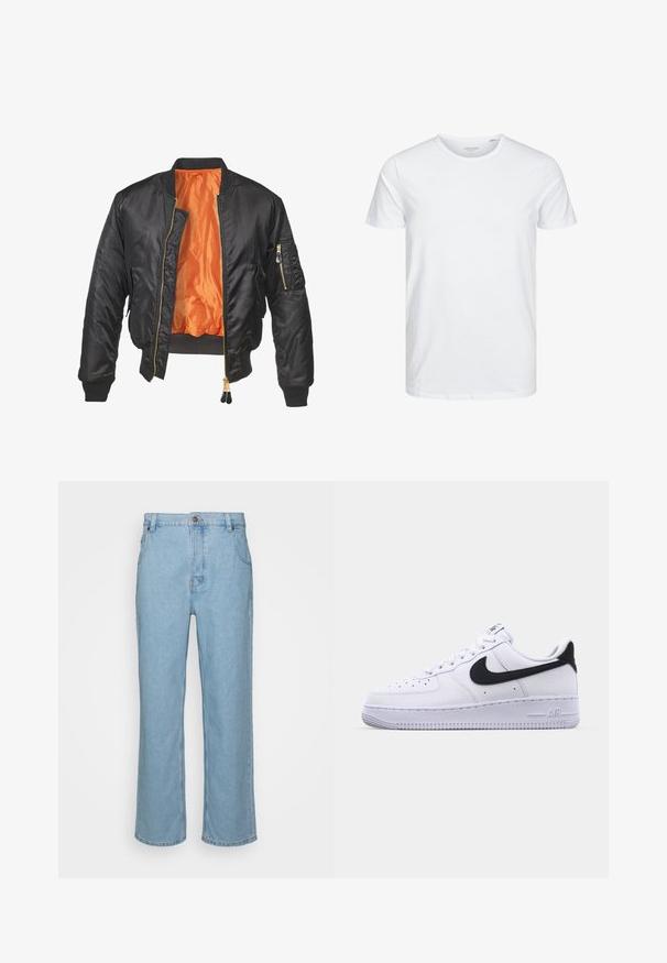 Zwarte bomberjack met een glanzende buitenkant, oranje voering, geribde manchetten en een ritszak op de linker mouw. Gouden ritsaccenten.; Ronde hals kortemouwen t-shirt in effen wit, gemaakt van zachte katoen, heeft een eenvoudig ontwerp zonder zichtbare patronen of accenten.; Lichtblauwe denim jeans met een recht pijpdesign, met een knoopsluiting, riemlussen en twee voorzakken.; Witte leren sneaker met een gestructureerde zwarte Swoosh, platte veters en een rubberen zool met een geribbeld patroon. "AIR" is in de hak geperst.
