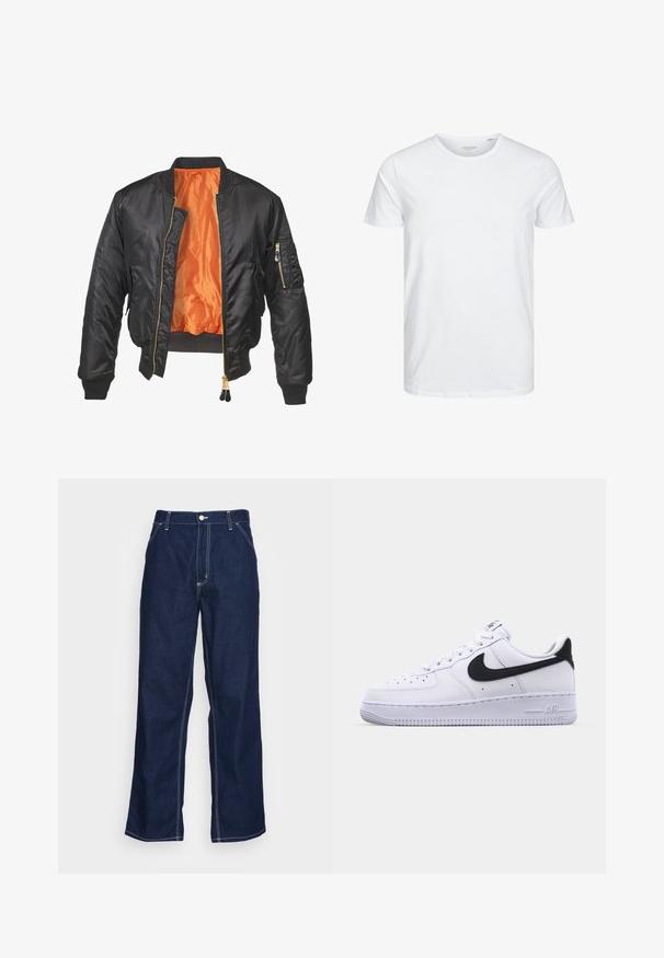 Zwarte bomberjack met een glanzende buitenkant, oranje voering, geribde manchetten en een ritszak op de linker mouw. Gouden ritsaccenten.; Ronde hals kortemouwen t-shirt in effen wit, gemaakt van zachte katoen, heeft een eenvoudig ontwerp zonder zichtbare patronen of accenten.; Donkerblauwe denim broeken met wijde pijpen, met een hoge taille, voorzakken en contrasterende witte stiksels langs de naden.; Witte leren sneaker met een gestructureerde zwarte Swoosh, platte veters en een rubberen zool met een geribbeld patroon. "AIR" is in de hak geperst.