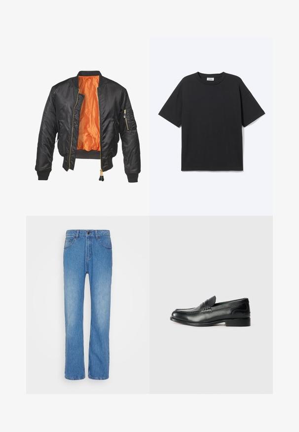 Chaqueta bomber negra con un exterior brillante, forro naranja, puños de canalé y un bolsillo con cremallera en la manga izquierda. Acentos de cremallera dorada.; Camiseta negra de manga corta con cuello redondo, ajuste relajado, vista frontal, diseño sencillo y etiqueta visible de la marca Weekday en el interior del cuello.; Denim Project DPMMR LOOSE - Vaqueros holgados - blue denim wash; Mocasines de cuero negro con un acabado suave, detalles de costura en la parte delantera y un tacón ligeramente elevado.
