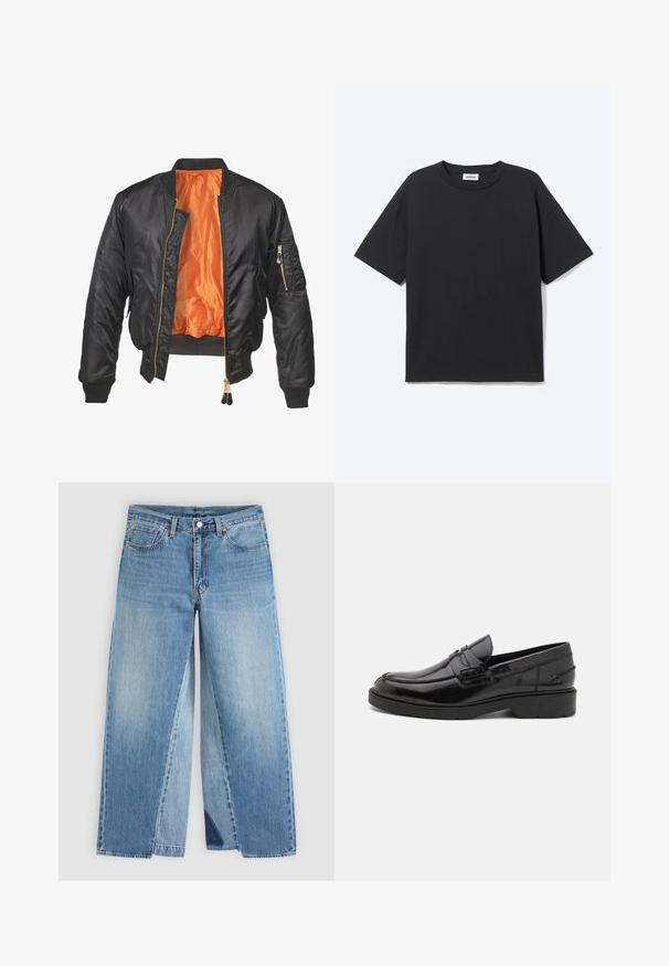 Sort bomberjakke med en blank overflade, orange foring, ribbede manchetter og en lynlåslomme på venstre ærme. Gyldne lynlåsdetaljer.; Sort T-shirt med korte ærmer og rund hals med afslappet pasform, forfra, ensfarvet design og synligt Weekday-mærke inde i kraven.; Straight-leg blå denimjeans med klassisk fem-lomme design og forreste knaplukning, vist fladt på en neutral baggrund.; Sorte læder loafers med en glat finish, rund tå, lav hæl og dekorativ syning langs forsiden. Gummisål for godt greb.