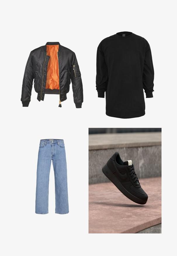 Zwarte bomberjack met een glanzende buitenkant, oranje voering, geribde manchetten en een ritszak op de linker mouw. Gouden ritsaccenten.; Zwart T-shirt met lange mouwen, gemaakt van katoen. Kenmerkt zich door een ronde halslijn en een reguliere pasvorm. Glad oppervlak zonder zichtbare patronen of accenten.; Lichtblauwe denim wijde jeans met een hoge taille, vijf-pocketontwerp en subtiele stikdetails. Glad textuur en rechte pijpen.; Zwarte Nike Air Force 1 sneaker die boven een roze betonnen richel zweeft met een grijze stenen achtergrond, met zij- en bovenzijde details.