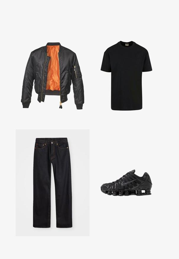 Zwarte bomberjack met een glanzende buitenkant, oranje voering, geribde manchetten en een ritszak op de linker mouw. Gouden ritsaccenten.; Urban Classics SHORTSLEEVE - T-shirt basic - black; Heren straight-leg zwarte denim jeans met vijf zakken en oranje stiksels, knoop- en ritssluiting op de voorkant van de tailleband.; Zwarte sportschoenen gemaakt van mesh en synthetische materialen, met een opvallend golvend ontwerp, zwarte rubberen zool en reflecterende accenten.