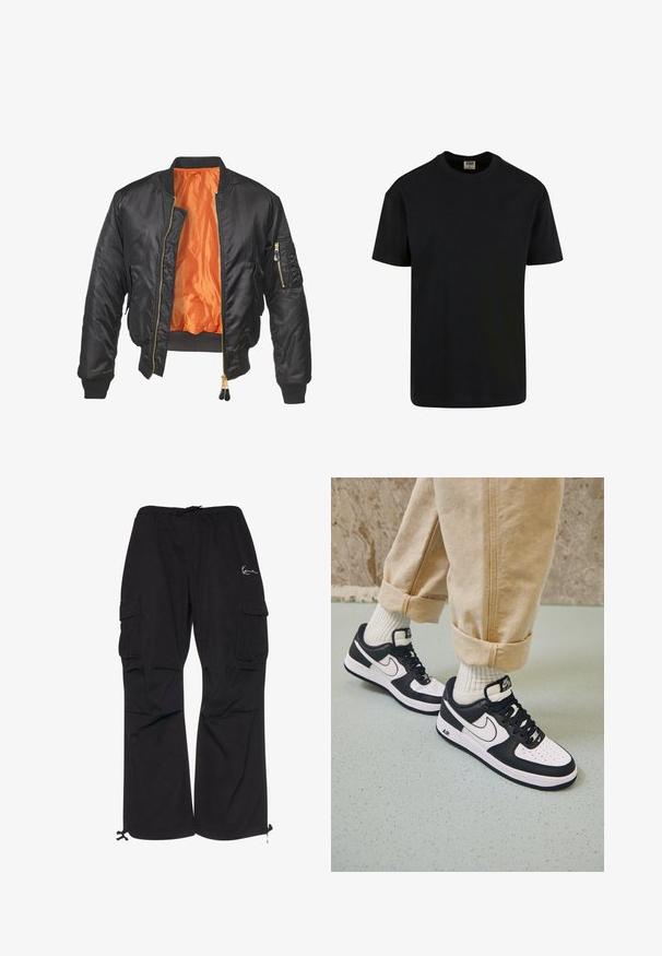 Sort bomberjakke med en blank overflade, orange foring, ribbede manchetter og en lynlåslomme på venstre ærme. Gyldne lynlåsdetaljer.; Urban Classics SHORTSLEEVE - T-shirts basic - black; Sorte cargobukser lavet af letvægtsstof, med elastisk talje med snøre, sidelommer og justerbare manchetter.; Sorte og hvide Nike Air Force 1 sneakers med læderoverdel, perforeret tå og tekstureret såldetalje, båret med rullede beige bukser og hvide sokker.