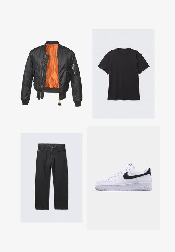 Chaqueta bomber negra con un exterior brillante, forro naranja, puños de canalé y un bolsillo con cremallera en la manga izquierda. Acentos de cremallera dorada.; Camiseta de algodón de manga corta en color negro. Cuenta con un cuello redondo y un corte relajado. Diseño sencillo sin patrones ni acentos visibles.; Vaqueros negros de pierna recta con estilo de cinco bolsillos y cierre de botón en la cintura, colocados planos sobre un fondo claro.; Zapatilla blanca de cuero con un Swoosh negro texturizado, cordones planos y una suela de goma con un patrón estriado. "AIR" está grabado en el talón.