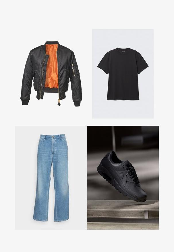 Veste bomber noire avec un extérieur brillant, doublure orange, poignets côtelés et une poche zippée sur la manche gauche. Accents de fermeture éclair dorés.; T-shirt noir à manches courtes en coton. Il présente un col rond et une coupe décontractée. Design simple sans motifs ni accents visibles.; Jean large en denim bleu clair. Dispose d'une taille haute, d'une fermeture à bouton et d'un design classique à cinq poches. Texture lisse.; Baskets noirs Nike Air Max avec un dessus en cuir texturé, semelle en caoutchouc et un système de laçage proéminent, mettant en avant un design moderne et épuré.