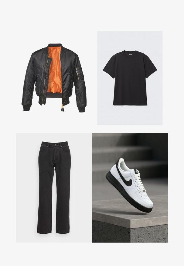 Sort bomberjakke med en blank overflade, orange foring, ribbede manchetter og en lynlåslomme på venstre ærme. Gyldne lynlåsdetaljer.; Sort kortærmet t-shirt lavet af bomuld. Har en rund halsudskæring og en afslappet pasform. Enkel design uden synlige mønstre eller accenter.; Sorte denim jeans med lige ben-design, med lukning foran ved knap, bæltestropper og to sidelommer. Tekstureret stof.; Hvid lædersneaker med sorte detaljer, rundet tå og perforerede detaljer. Sort gummisål med tekstureret mønster og snørelukning.