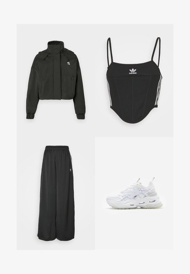 Μαύρο cropped μπουφάν με ψηλό γιακά, δύο επενδεδυμένες μπροστινές τσέπες με φερμουάρ, ελαστικούς καρπούς και μικρή λογότυπο διακόσμηση στο επάνω στήθος.; Μαύρο ριγέ cropped μπλουζάκι με ρυθμιζόμενες λεπτές τιράντες, διαθέτοντας τρεις λευκές ρίγες στα πλάγια και ένα μικρό λευκό λογότυπο Adidas στο κέντρο.; Μαύρο αθλητικό παντελόνι σε χαλαρή γραμμή από λεία ύφανση. Διαθέτει ελαστική μέση και κάθετες ρίγες με λογότυπα.; Λευκό sneaker με χοντρή σόλα, στρωματοποιημένο πλέγμα και συνθετικό άνω μέρος, που διαθέτει μοτίβα, σύστημα κορδονιών και λαβή.