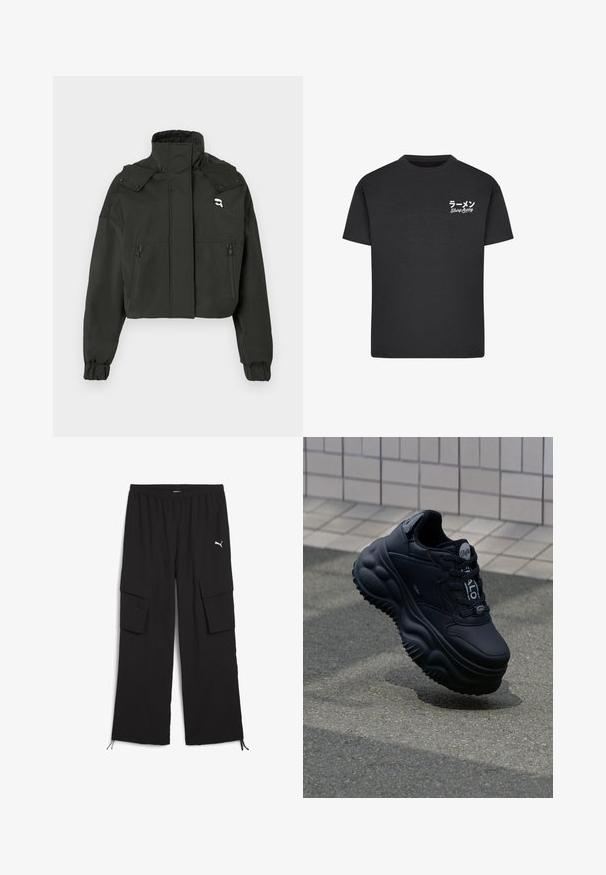 Schwarze Cropped-Jacke mit hohem Kragen, zwei Reißverschlussfronttaschen, elastischen Bündchen und einem kleinen Logo-Detail auf der oberen Brust.; Schwarzes Baumwoll-T-Shirt mit Rundhalsausschnitt. Mit weißem Text, einschließlich japanischer Schriftzeichen und "Slurp Away", auf der linken Brustseite.; Schwarze Cargo-Hosen mit weitem Bein, elastischem Bund, zwei Seitentaschen und Kordelzugsäumen. Mit einem kleinen weißen Logo.; Schwarze klobige Sneakers mit einem Obermaterial aus glattem Leder, erhöhter Sohle mit wellenförmigen Mustern und Schnürsenkeln für einen sicheren Sitz. Branding auf der Zunge.