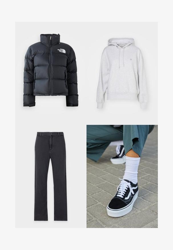 Doudoune noire en matériau brillant et résistant à l'eau. Elle présente un col haut, une fermeture éclair sur le devant et un logo sur la poitrine gauche. Design court.; Carhartt WIP HOODED CASEY - Sweat à capuche - ash heather/silver; Jean noir à jambes droites avec fermeture par bouton et zip à l'avant, passants de ceinture et design classique à cinq poches, posé à plat sur fond blanc.; Baskets en suède noir avec des accents et des lacets blancs, présentant une épaisse semelle blanche et des coutures contrastantes, associées à une chaussette blanche.
