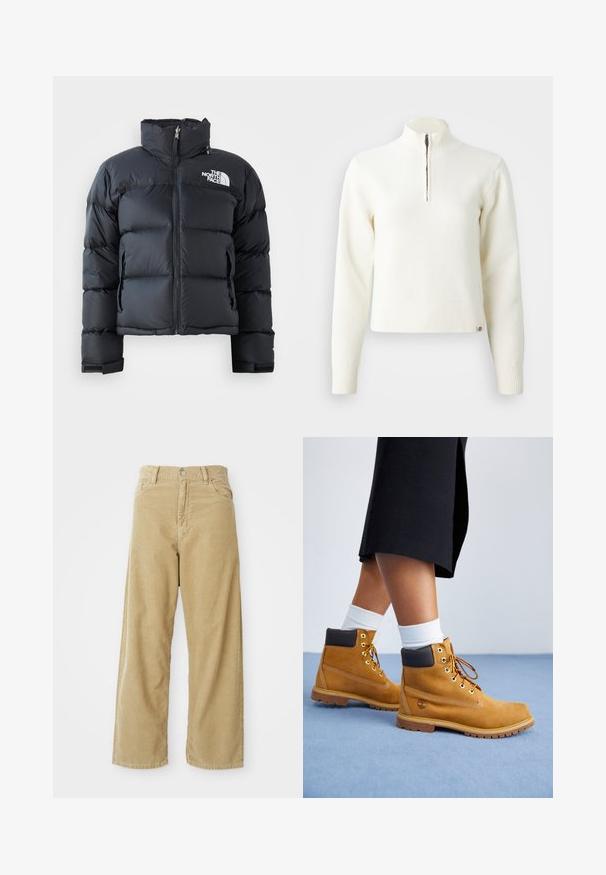 Sort pufferjakke lavet af skinnende, vandafvisende materiale. Har en høj krave, frontlynlås og logo på venstre bryst. Kort design.; Hvid, sweater med lynlås ved halsen og lange ærmer. Lavet af et blødt strikmateriale, med ribbede manchetter og kant. Diskret mærke-logo ved kanten.; Beige fløjl bukser med høj talje, brede ben, forlommer og en enkelt metalknaplukning. Blød tekstur med subtile ribbede detaljer.; Tan ruskindsankelstøvler med brune læderdetaljer, guldøjer og en struktureret sål. Hvide sokker synlige over støvlerne.