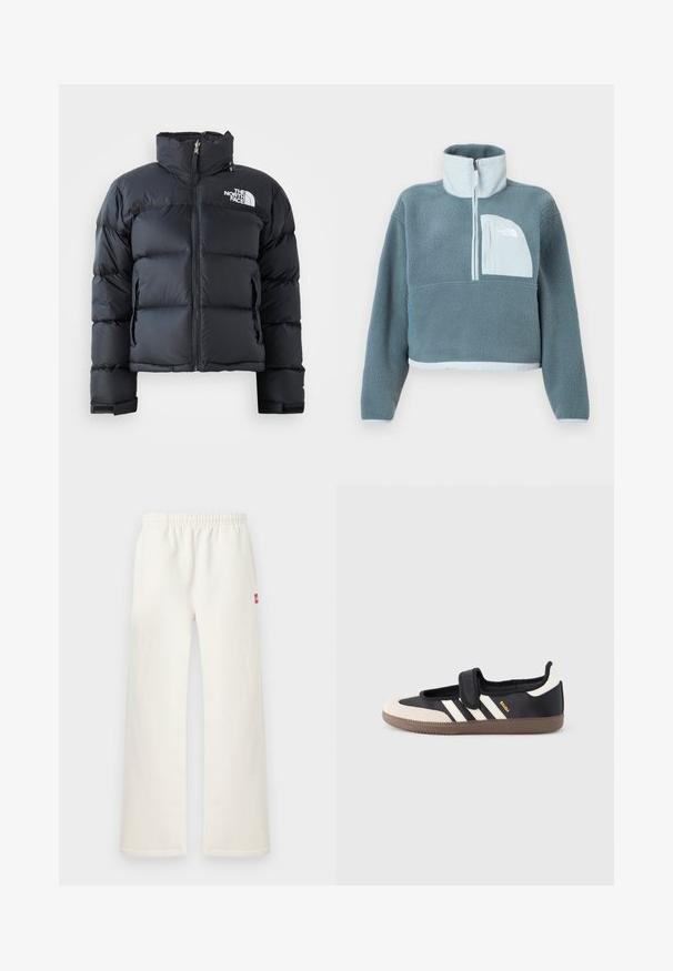Sort pufferjakke lavet af skinnende, vandafvisende materiale. Har en høj krave, frontlynlås og logo på venstre bryst. Kort design.; Blå fleecepullover med halvhøj lynlås, høj krave og lys blå brystlomme med The North Face-logo.; Cremefarvede bukser med lige ben, elastisk talje og lille rødt mærke på højre side, vist mod en ensartet lys baggrund.; Sort og beige sko med velcrolukning, tre hvide striber på siden og en tekstureret brun gummisål. Mærkelogo er synligt.