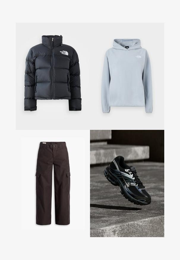Zwarte pufferjack gemaakt van glanzend, waterafstotend materiaal. Voorzien van een hoge kraag, een rits aan de voorkant en een logo op de linkerborst. Korte stijl.; Lichtblauwe fleece hoodie met een voorzak, verstelbare capuchon en geribbelde boorden. Heeft een klein wit logo op de linkerborst.; Donkerbruine rechte cargobroek met zijflapzakken, knoopsluiting, riemlussen en ritssluiting aan de voorkant.; Zwart-zilveren Nike hardloopschoen zwevend boven betonnen trappen, met een gedetailleerd ontwerp en een getextureerde zool in een buitenomgeving.