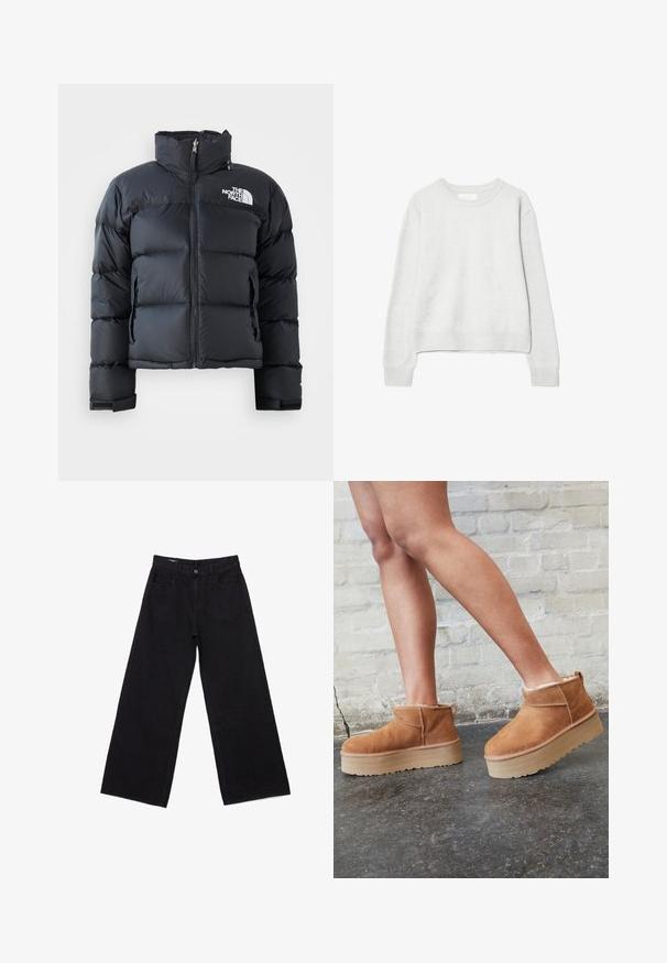 Sort pufferjakke lavet af skinnende, vandafvisende materiale. Har en høj krave, frontlynlås og logo på venstre bryst. Kort design.; Lysegrå langærmet crewneck-trøje med ribbede manchetter og kant, lavet af blødt strikket stof, vist på hvid baggrund.; Sorte, viddebenede jeans lavet af denim, med høj talje, fem-lomme-design og diskrete syningsdetaljer over det hele.; Brune ruskinds ankelsko med en blød foring, tyk beige plattformsål og en bageste løkke. Tekstureret overflade med synlige sømdetaljer.