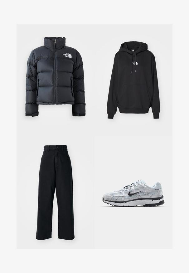 Doudoune noire en matériau brillant et résistant à l'eau. Elle présente un col haut, une fermeture éclair sur le devant et un logo sur la poitrine gauche. Design court.; Sweatshirt à capuche noire avec une poche kangourou, arborant un logo blanc sur la poitrine, fabriqué en tissu doux, destiné à un usage décontracté.; Jean noir taille haute à jambes larges avec poches avant et fermeture à bouton, présenté sur un fond blanc uni.; Baskets Nike P-6000 avec une tige en mesh gris clair, des accents noirs et une semelle en caoutchouc noir durable. Présente un design complexe et un système de laçage.