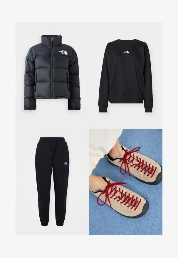 Čierna puffa bunda vyrobená z lesklého, vodoodolného materiálu. Má vysoký golier, predný zips a logo na ľavej hrudi. Krátky dizajn.; Čierna mikina vyrobená z bavlnenej zmesi, s okrúhlym výstrihom, dlhými rukávmi, rebrovanými manžetami a malým bielym logom na hrudi.; Čierne športové nohavice s elastickým pásom a manžetami, sťahovacou šnúrkou, postrannými vreckami a malým bielym logom The North Face na pravej stehne.; Béžové topánky s červenými šnúrkami sú položené na modrej textúrovanej ploche, pričom čiastočne odhaľujú členok osoby. Topánky majú športový dizajn.