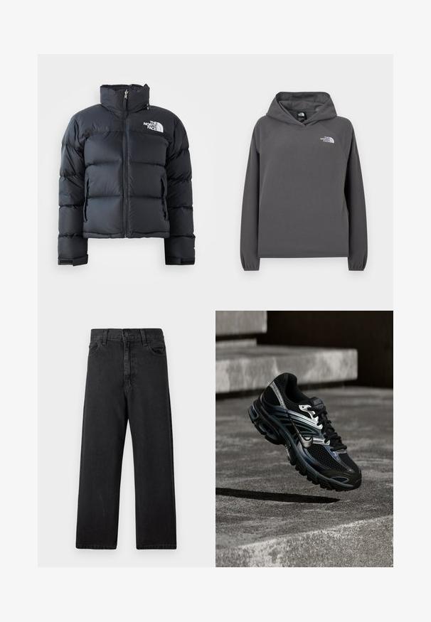 Doudoune noire en matériau brillant et résistant à l'eau. Elle présente un col haut, une fermeture éclair sur le devant et un logo sur la poitrine gauche. Design court.; Sweat à capuche gris en polaire avec une coupe décontractée, des poignets côtelés et un petit logo blanc sur la poitrine gauche. Texture douce et design simple.; Jean en denim noir avec une taille haute, coupe droite, conception à cinq poches et fermeture classique à boutons sur le devant. Tissu doux et texturé.; Chaussure de running Nike noire et argent flottant au-dessus de marches en béton, montrant un design détaillé et une semelle texturée en extérieur.