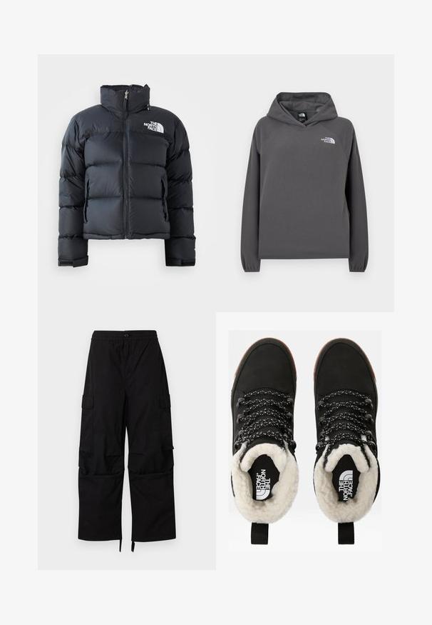 Čierna puffa bunda vyrobená z lesklého, vodoodolného materiálu. Má vysoký golier, predný zips a logo na ľavej hrudi. Krátky dizajn.; Sivý mikina s kapucňou z fleecu s voľným strihom, rebrovanými manžetami a malým bielym logom na ľavej hrudi. Jemná textúra a jednoduchý dizajn.; Čierne pracovné nohavice s elastickým pásom, zapínaním na gombík, bočnými vreckami s klopami a širokými rovnými nohavicami s nastaviteľnými lemy.; Čierne nepremokavé členkové topánky s umelou kožušinou vo vnútri, textúrovaný materiál, biele a čierne šnúrky so vzorom a pútko na päte.