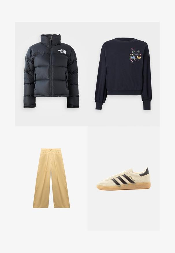 Schwarze Steppjacke aus glänzendem, wasserabweisendem Material. Verfügt über einen hohen Kragen, einen Frontreißverschluss und ein Logo auf der linken Brust. Kurzes Design.; Marineblauer Langarm-Sweatshirt mit gerippten Bündchen und Saum, mit bunter Blumen- und Schmetterlingsstickerei auf der linken Brust.; Weite Hosen aus hellgelbem Stoff, mit hoher Taille, vorderer Knopfverschluss, zwei seitlichen Taschen und glatter Textur.; Cremefarbener Wildleder-Sneaker mit schwarzen Streifen, Gummisohle, schwarzem Fersenlasche und goldenem „SPEZIAL“-Schriftzug an der Seite.