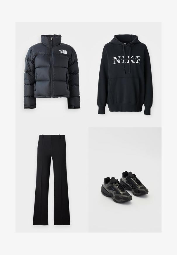 Zwarte pufferjack gemaakt van glanzend, waterafstotend materiaal. Voorzien van een hoge kraag, een rits aan de voorkant en een logo op de linkerborst. Korte stijl.; Zwarte Nike hoodie met een voorzak, groot logo over de borst, capuchon met trekkoord en ribgebreide manchetten en zoom. Zacht katoenmixmateriaal.; Zwarte uitlopende broeken met een gladde textuur, voorzien van een op maat gemaakte taille, riemlussen en een strak ontwerp dat uitloopt in een brede zoom.; Zwarte sportieve schoenen van synthetisch materiaal, met gaasaccenten en ronde zolen. Beschikt over een vetersysteem en een opvallend Nike-logo op de tong.