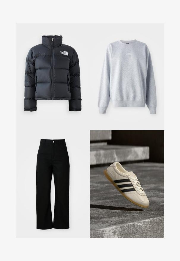 Čierna puffa bunda vyrobená z lesklého, vodoodolného materiálu. Má vysoký golier, predný zips a logo na ľavej hrudi. Krátky dizajn.; Šedá mikina s dlhými rukávmi, okrúhlym výstrihom, rebrovanými manžetami a lemom. Obsahuje malé biele logo na hrudi. Materiál z bavlnenej zmesi.; Čierne nohavice s vysokým pásom a rovným strihom, s prednými vreckami, pútkami na opasok a strieborným zapínaním na bielom pozadí.; Biela teniska s čiernymi pruhmi a gumovou podrážkou vznášajúca sa nad betónovým schodiskom v mäkkom dennom svetle.