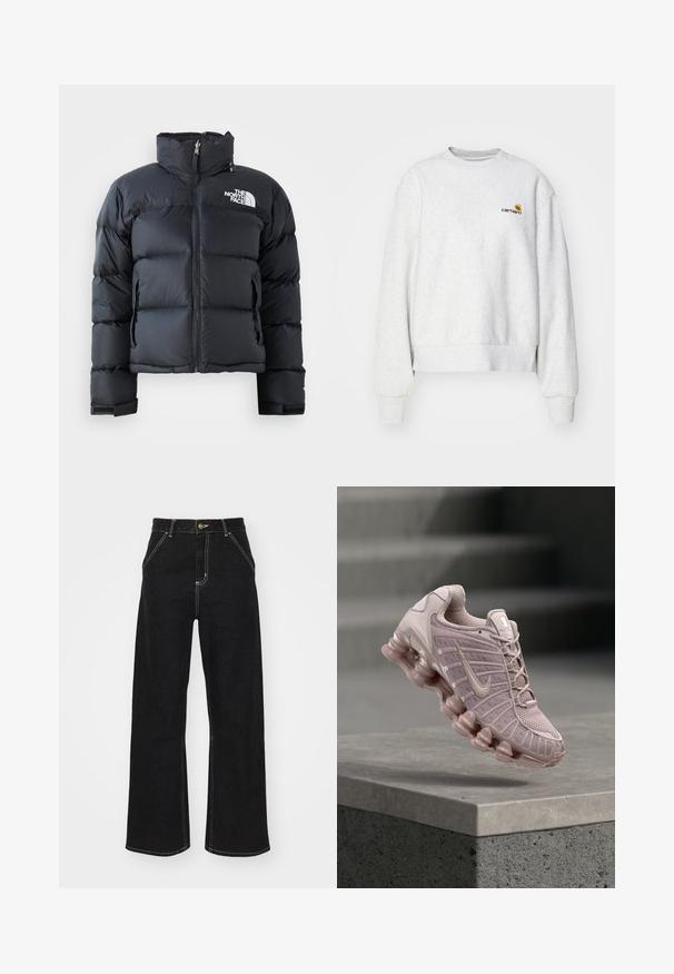 Doudoune noire en matériau brillant et résistant à l'eau. Elle présente un col haut, une fermeture éclair sur le devant et un logo sur la poitrine gauche. Design court.; Sweatshirt gris à col rond en tissu doux avec des poignets et un ourlet côtelés ; présente un logo brodé sur la poitrine en jaune et bordeaux.; Jean noir à jambes larges en denim. Caractérisé par des coutures blanches contrastantes, des poches avant et une fermeture boutonnée à la taille.; Chaussures Nike Air Max en rose clair, avec une tige en mesh, une languette rembourrée et une semelle épaisse transparente au design ondulé.