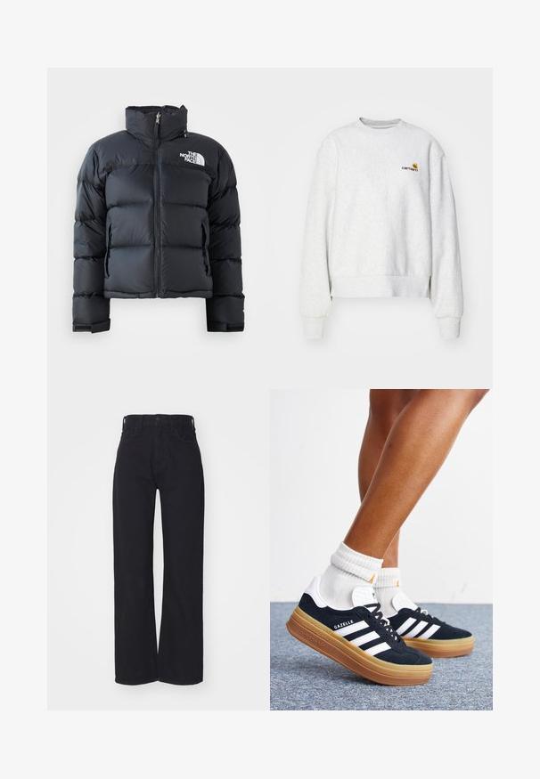 Čierna puffa bunda vyrobená z lesklého, vodoodolného materiálu. Má vysoký golier, predný zips a logo na ľavej hrudi. Krátky dizajn.; Šedá mikina s okrúhlym výstrihom vyrobená z mäkkej tkaniny s rebrovanými manžetami a lemom; na hrudi má vyšívané logo v žltej a bordovej farbe.; Čierne široké džíny s vysokým pásom, so zapínaním na prednom gombíku a zips, pútkami na opasok a dvoma prednými vreckami na bielom pozadí.; Nohy v bielych ponožkách a čiernych teniskách Adidas Gazelle s bielymi pruhmi a hrubými hnedými podrážkami na sivom koberci.