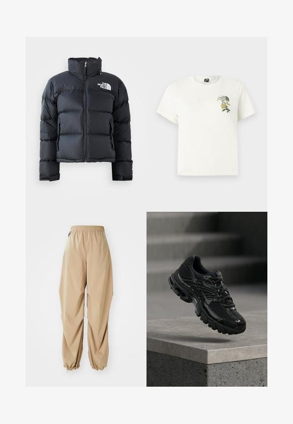 Doudoune noire en matériau brillant et résistant à l'eau. Elle présente un col haut, une fermeture éclair sur le devant et un logo sur la poitrine gauche. Design court.; T-shirt en coton blanc à manches courtes. Présente une broderie florale verte et jaune sur le côté gauche de la poitrine, logo inclus. Coupe droite.; Pantalons légers beige avec une taille élastique, des poignets effilés et une texture lisse, présentant une coupe décontractée et sans motifs ni embellissements visibles.; Chaussure de course noire Nike avec tige en mesh et synthétique flottant au-dessus d'une surface en béton avec des marches en arrière-plan.