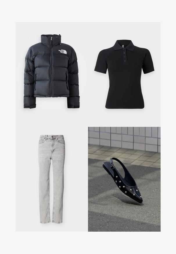 Čierna puffa bunda vyrobená z lesklého, vodoodolného materiálu. Má vysoký golier, predný zips a logo na ľavej hrudi. Krátky dizajn.; Čierne polokošeľa s krátkymi rukávmi, rebrovaným golierom a pásom na päť gombíkov. Má hladkú, elastickú látku.; Svetlosivé rifle z denimu s vysokým pásom, rovnými nohavicami, predným zapínaním na gombíky, zipsom, pútkami na opasok a prednými aj zadnými vreckami.; Čierna špicatá slingback topánka so striebornými cvokmi, vznášajúca sa nad asfaltom blízko dlaždicovej steny.