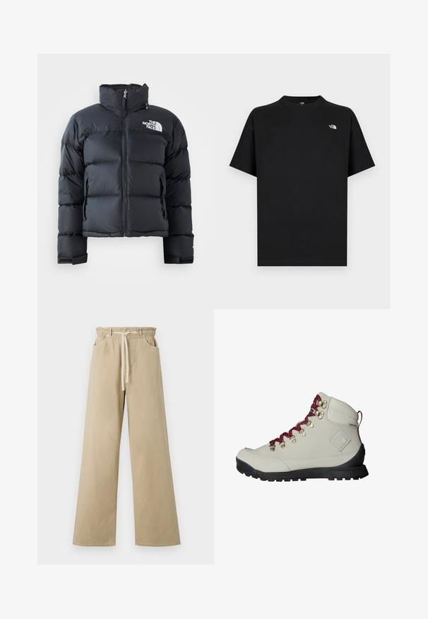 Doudoune noire en matériau brillant et résistant à l'eau. Elle présente un col haut, une fermeture éclair sur le devant et un logo sur la poitrine gauche. Design court.; T-shirt noir à manches courtes en coton avec un col rond. Présente un petit logo blanc sur la poitrine gauche et une coupe standard.; Pantalon large beige en coton avec une taille élastiquée et un cordon de serrage. Il possède deux poches latérales et une texture lisse.; Botte de randonnée beige avec des lacets rouges, des œillets en métal et une surface texturée. Elle possède une semelle noire robuste et un détail de logo distinct sur le côté.