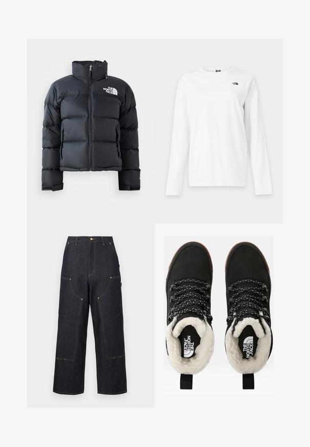 Zwarte pufferjack gemaakt van glanzend, waterafstotend materiaal. Voorzien van een hoge kraag, een rits aan de voorkant en een logo op de linkerborst. Korte stijl.; Wit shirt met lange mouwen en ronde hals met klein zwart The North Face-logo op de linkerborst.; Donkerblauwe wijde denim broek met meerdere zakken aan de voorkant, contrasterende oranje stiksels en een knoopsluiting in de taille.; Zwarte waterdichte enkellaarsjes met een faux fur voering, textuurovereenkomst, wit en zwart gestreepte veters, en een trekhaak bij de hiel.