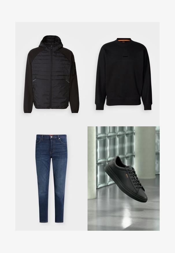 Musta takki hupulla, jossa on päällystetty muotoilu edessä, sileät hihat ja vetoketjulliset taskut. Teksturoitu kangas ja istuva siluetti.; Mustan puuvillaneuleen sweatshirt, jossa on crew-neck-kaulus, vaakasuora sauma ja hienovarainen kohokirjailtu logo. Ribbauskudokset hihansuissa ja helmassa antavat rakennetta.; Tummansiniset slim fit -farkut, joissa on etutaskut, vyölenkit, napillinen suljin ja hienovarainen haalistuma reisissä ja polvissa.; Musta matala-aukoinen nahkainen lenkkari mustilla nauhoilla ja kultaisella BOSS-logolla sivulla, leijuu kiiltävän harmaan lattian yllä modernissa sisätilassa.