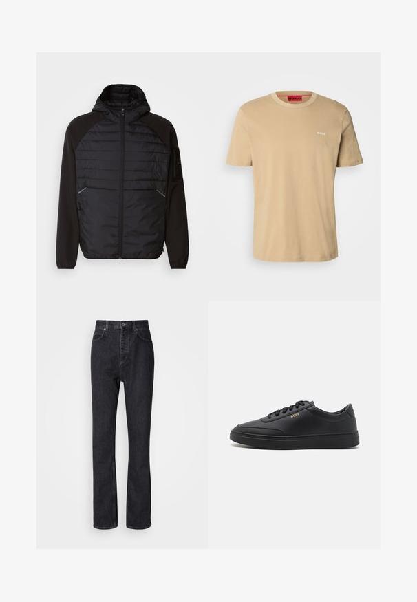 Zwarte jacket met capuchon, voorzien van een gewatteerd ontwerp aan de voorkant, gladde mouwen en ritszakken. Getextureerde stof met een getailleerde silhoët.; Beige katoenen t-shirt met een ronde hals, korte mouwen en een klein wit "HUGO" logo op de borst. Een gladde textuur zonder patronen.; Hoge taille zwarte denim jeans met een knoop- en ritssluiting, voor- en achterzakken en een rechte pasvorm.; Zwarte leren sneakers met een gladde textuur, ronde neus, platte rubberen zool en tonale veters. Kenmerkt zich door de gouden "BOSS" branding aan de zijkant.