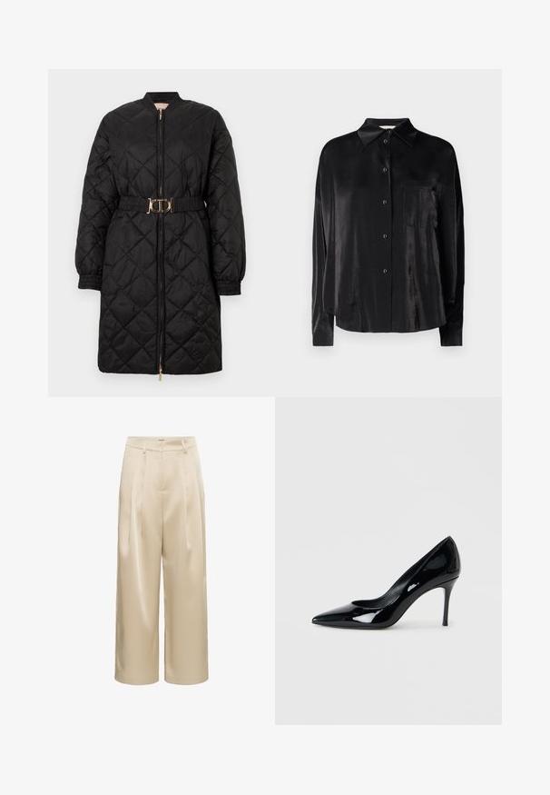Manteau long matelassé noir avec des poignets élastiques, fermeture éclair à l'avant et ceinture assortie avec une boucle ovale dorée.; Chemise noire à manches longues, boutonnée, fabriquée en tissu lisse et brillant. Elle présente un col pointu et une poche poitrine.; Pantalons beige à pattes d'éléphant en tissu lisse, dotés de plis, d'une taille, et d'une coupe droite, sans poches visibles ni motifs.; Escarpin en cuir verni noir avec un bout pointu et un talon aiguille délicat. Texture lisse avec un fini brillant et un design minimaliste.