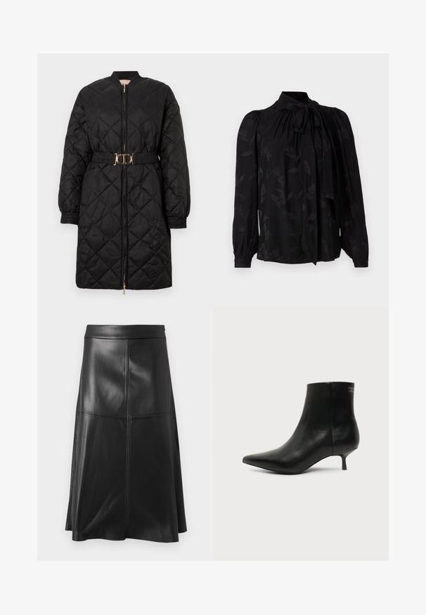 Manteau long matelassé noir avec des poignets élastiques, fermeture éclair à l'avant et ceinture assortie avec une boucle ovale dorée.; Blouse noire avec un col haut et un détail de cravate. Présente un motif floral subtil et des manches longues bouffantes avec des poignets froncés. Texture lisse.; Jupe noire en cuir en forme d'A, avec une texture lisse, présentant des détails de couture verticale et une ceinture. L'ourlet tombe juste en dessous du genou.; Bottine en cuir noir avec bout pointu et petit talon kitten sur fond clair, vue côté extérieur.