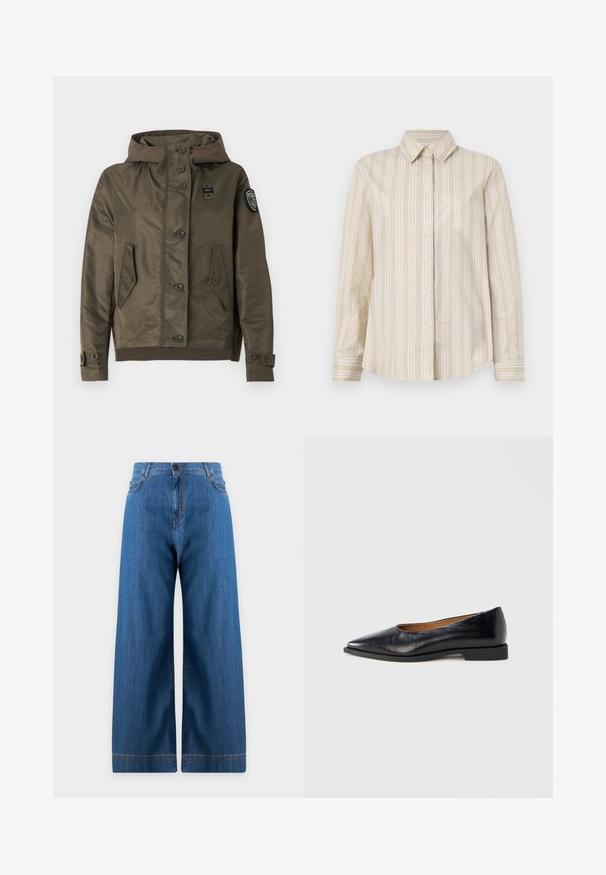 Veste à capuche vert olive avec fermeture à boutons, deux poches à rabat à l'avant, poignets réglables et un écusson sur la manche gauche.; Chemise rayée beige avec de fines lignes blanches, design à boutons, col classique, manches longues et ourlet arrondi. Fabriquée dans un tissu lisse et léger.; Jean denim bleu à jambes larges avec fermeture devant par bouton et zip, passants de ceinture et poches avant, présenté sur fond uni clair.; Chaussure plate en cuir noir avec un bout pointu et un petit talon carré. Texture lisse, design minimaliste, sans éléments métalliques visibles ni motifs.