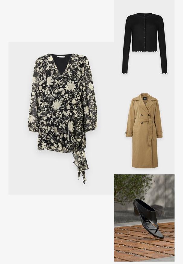 Khaki trench coat vyrobený z textílie, s dvojradovým zapínaním vpredu, veľkými gombíkmi a opaskom na zaväzovanie so zrolovanými rukávmi.; Čierny rebrovaný kardigán s dlhým rukávom, okrúhlym výstrihom, predným zapínaním na gombíky a skráteným lemom so zúbkovaným okrajom.; Čierne kvetinové zavinovacie šaty s dlhými rukávmi, výstrihom do V a volánovým lemom. Materiál je ľahký a polopriesvitný s kontrastným kvetinovým vzorom.; Čierna sandála na vysokom podpätku s remienkom medzi prstami, vznášajúca sa nad vzorovaným dreveným a štýlovým vonkajším povrchom s rozmazanou zeleňou a stenou v pozadí.
